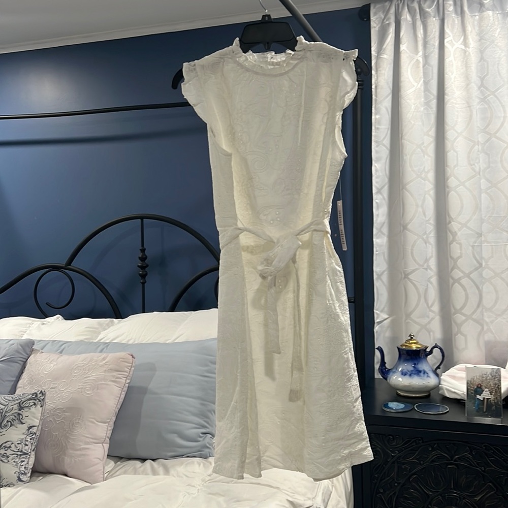 Ruffle mock neck eyelet dress